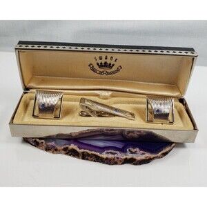 RARE 1970's Swank Silver Plated Lite Blue Crystal Cufflinks Tie Clip Bar Set